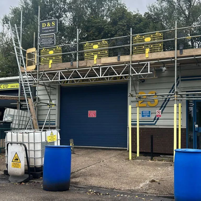 Industrial scaffolding outside a small business