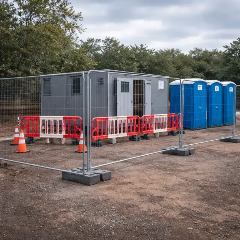 Construction site setup with fencing, barriers and welfare units